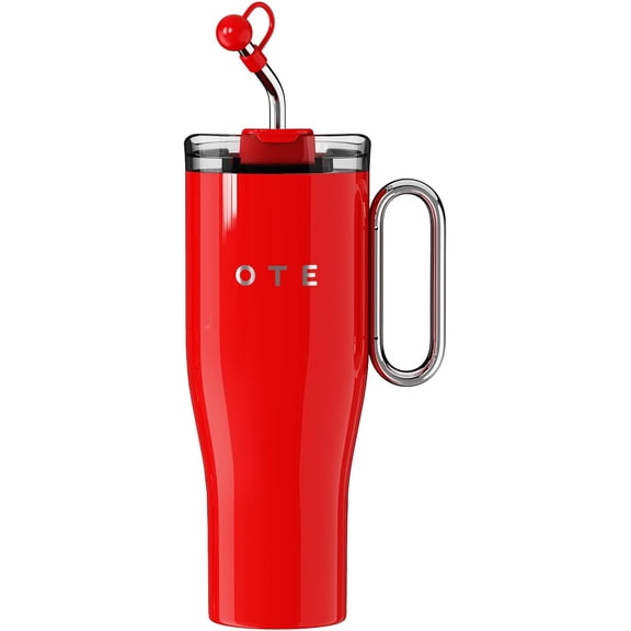 OTE 40 oz Tumbler with Handle and Straw Lid, Double Walled Vacuum Stainless Steel Insulated Travel Coffee Mug, BPA Free, Keeps Drinks Cold or Hot, Cupholder Friendly (Red)