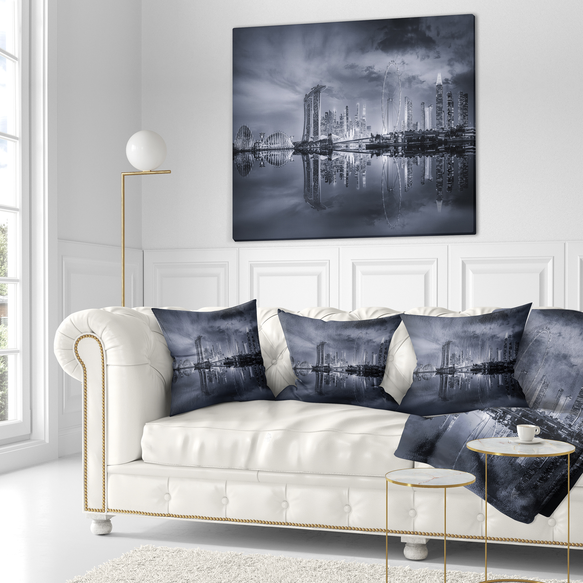 Designart Black and White Singapore Skyline - Cityscape Throw Pillow - 16x16