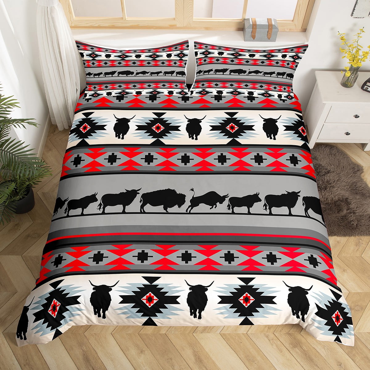 Aztec Bedding Set Queen,Southwestern Highland Cow Comforter Cover