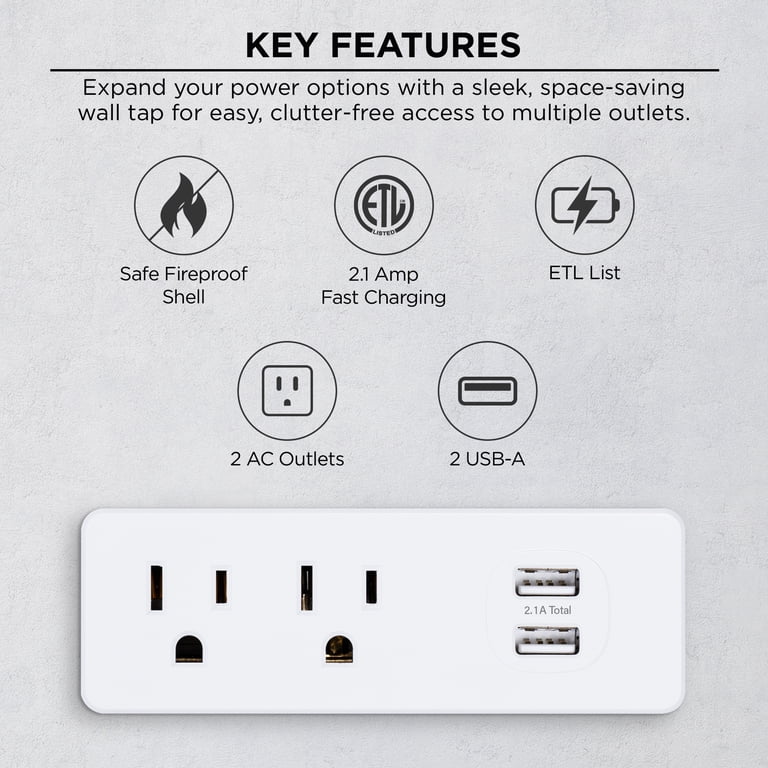 Merkury Innovations Ultra-Slim Wall Tap - 2 AC Outlets, 2 USB-A