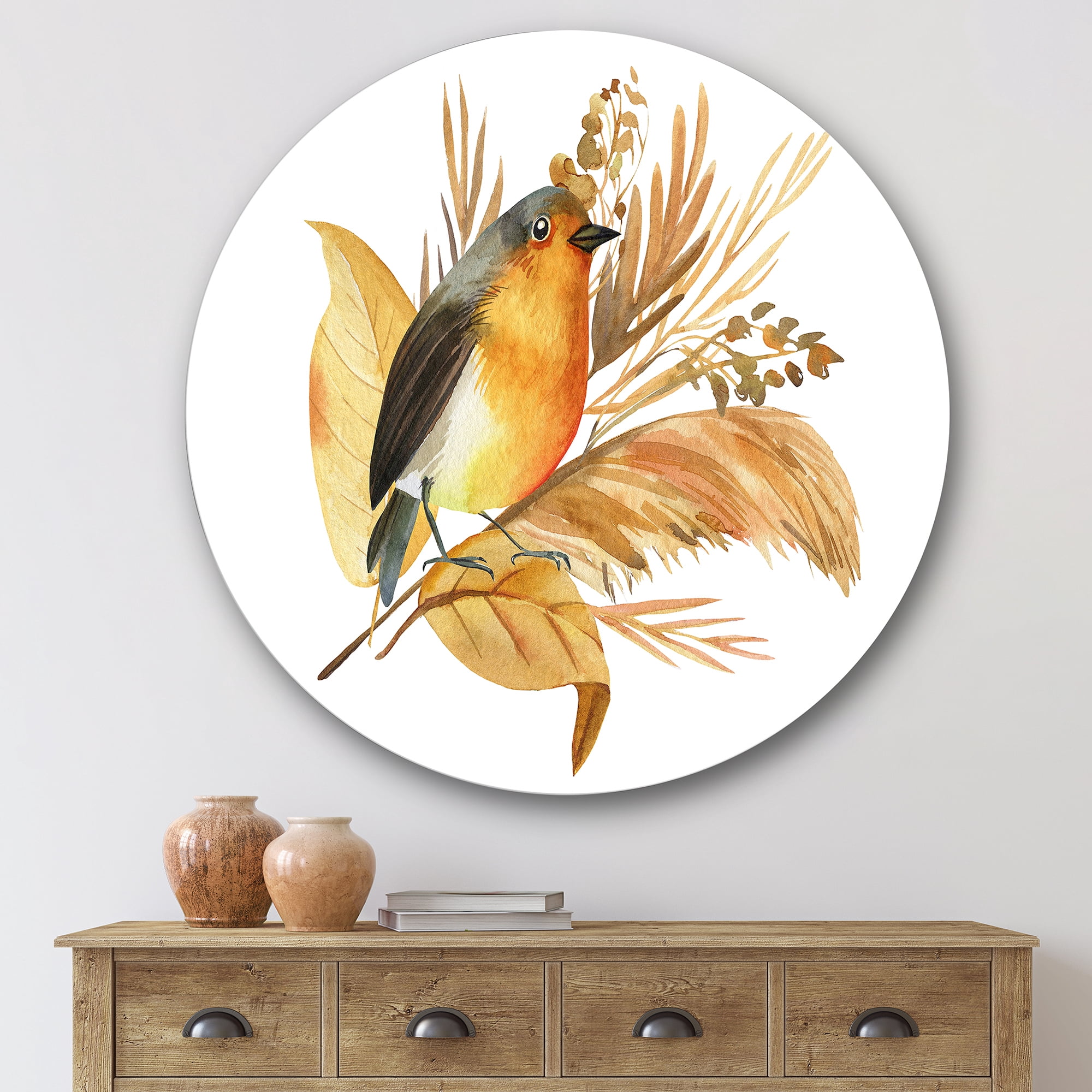 Designart 'Autumn Flowers and Robin Bird' Traditional Circle Metal Wall Art 29x29 - Disc of 29