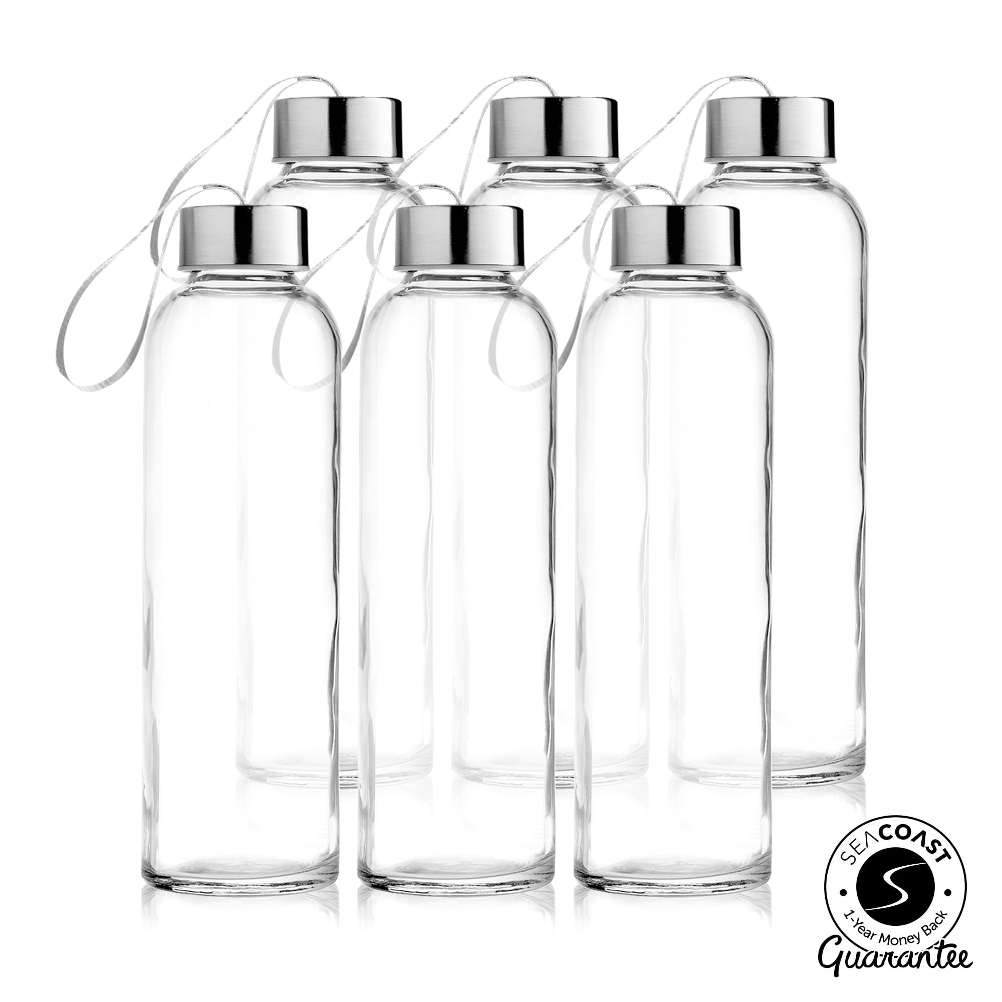18/10 Stainless Steel Cap with Easy to Carry Loop Glass Bottles 6 Pack, 4 Pack, 2 Pack Available 18 OZ 6 Seacoast 