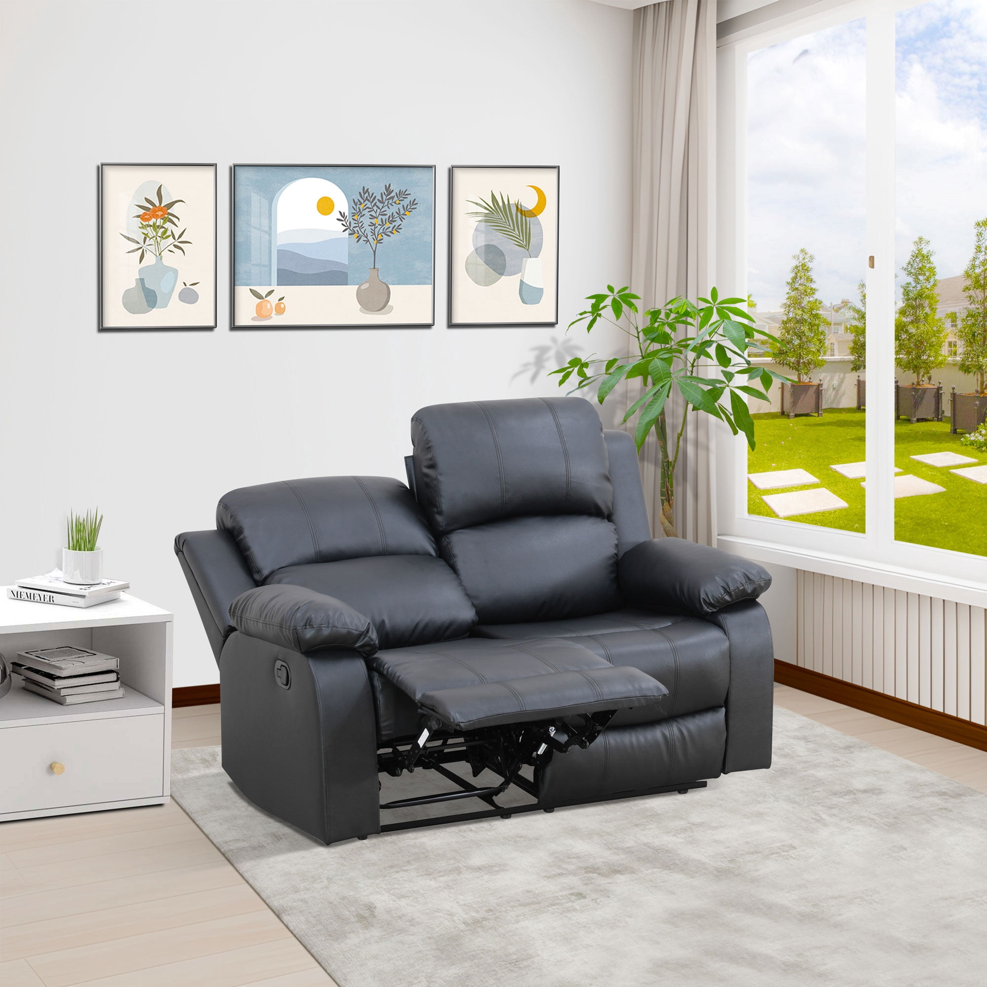 Gewnee Loveseat Adjustable Multifunctional Recliner Solid Wood Frame Air Leather Upholstery Living Room Black