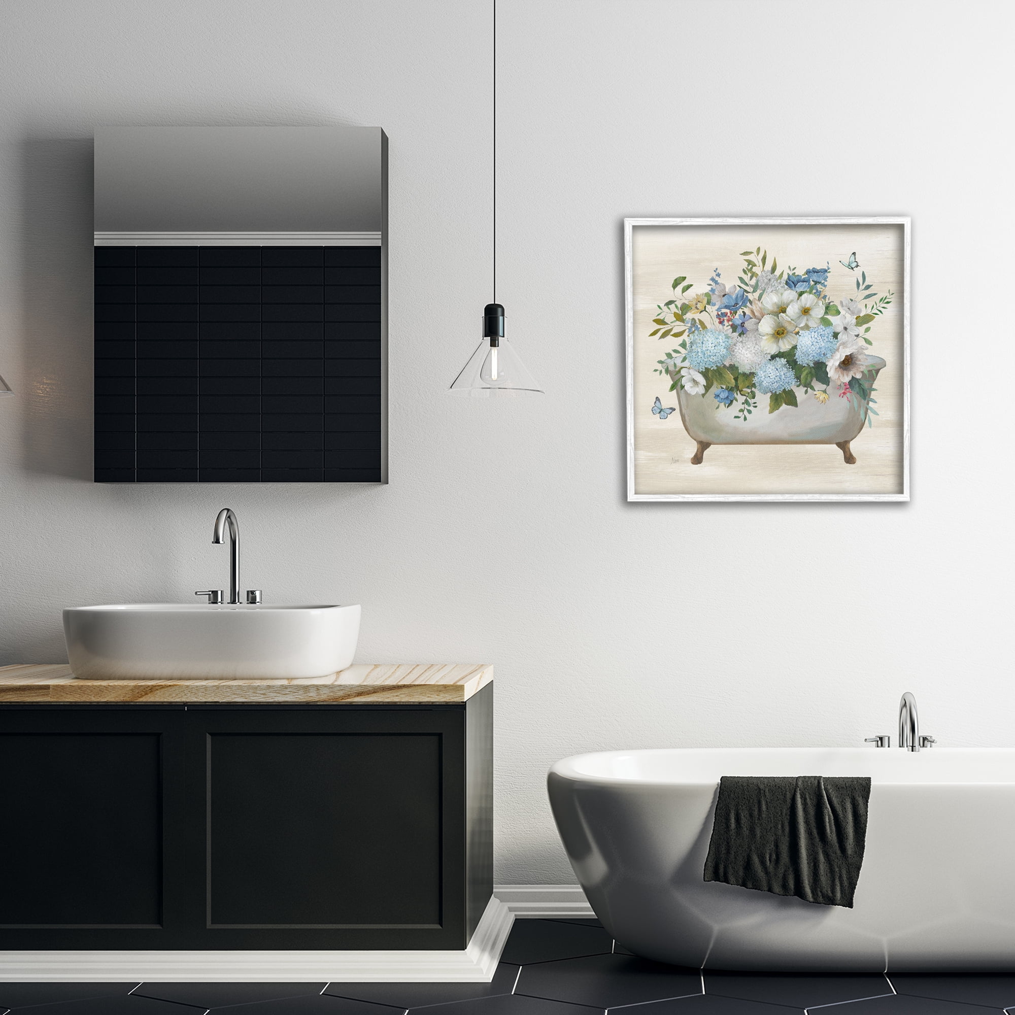 Stupell Industries Full Hydrangea Bathtub Typography Painting White Framed Art Print Wall Art, 24 x 24