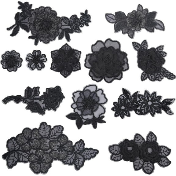 12 Styles 3D Flower Patches Fabric Embroidery Floral Blossom Sew on Lace Trim Applique for Wedding Bride Dress Sewing Repairing Decorating Clothing DIY Crafts Black
