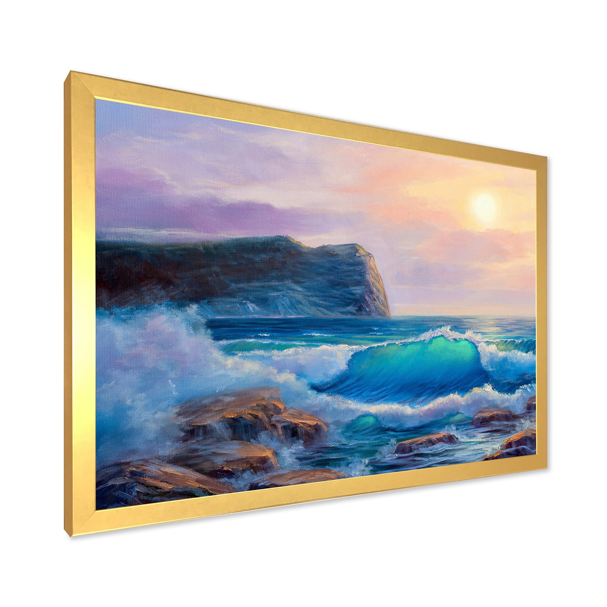 Designart 'Blue Waves Breaking At The Beach Landscape III' Nautical & Coastal Framed Art Print