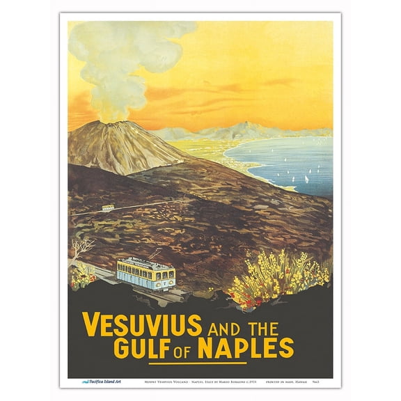 Mount Vesuvius Volcano and the Gulf of Naples Italy - Vintage Railroad Travel Poster by Mario Borgoni c.1925 - Master Art Print (Unframed) 9in x 12in