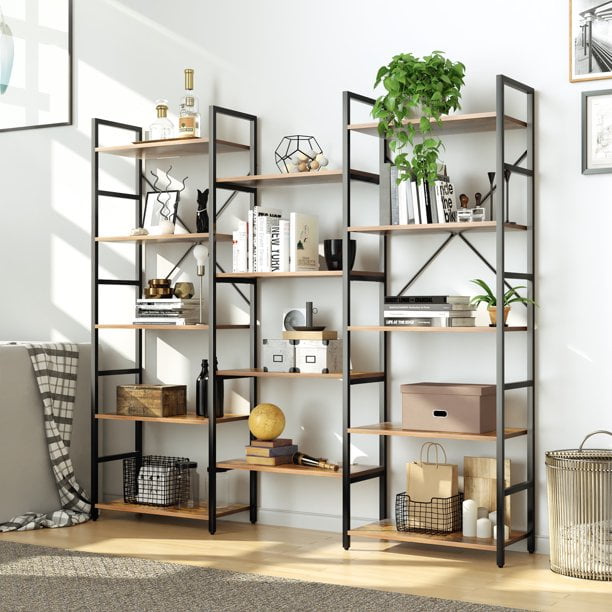 Sonegra 5Tier Bookshelf Triple Wide Industrial Vintage Wood Style 5