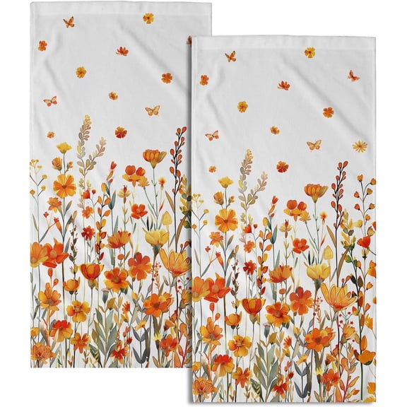 Watercolor Orange Daisy Hand Towels Fall Yellow Wildflowers Leaves Plant Bathroom Towel Autumn Floral Botanical Decorative Fingertip Season Thanksgiving Soft Absorbent Kitchen Hotel Spa Gym Towel