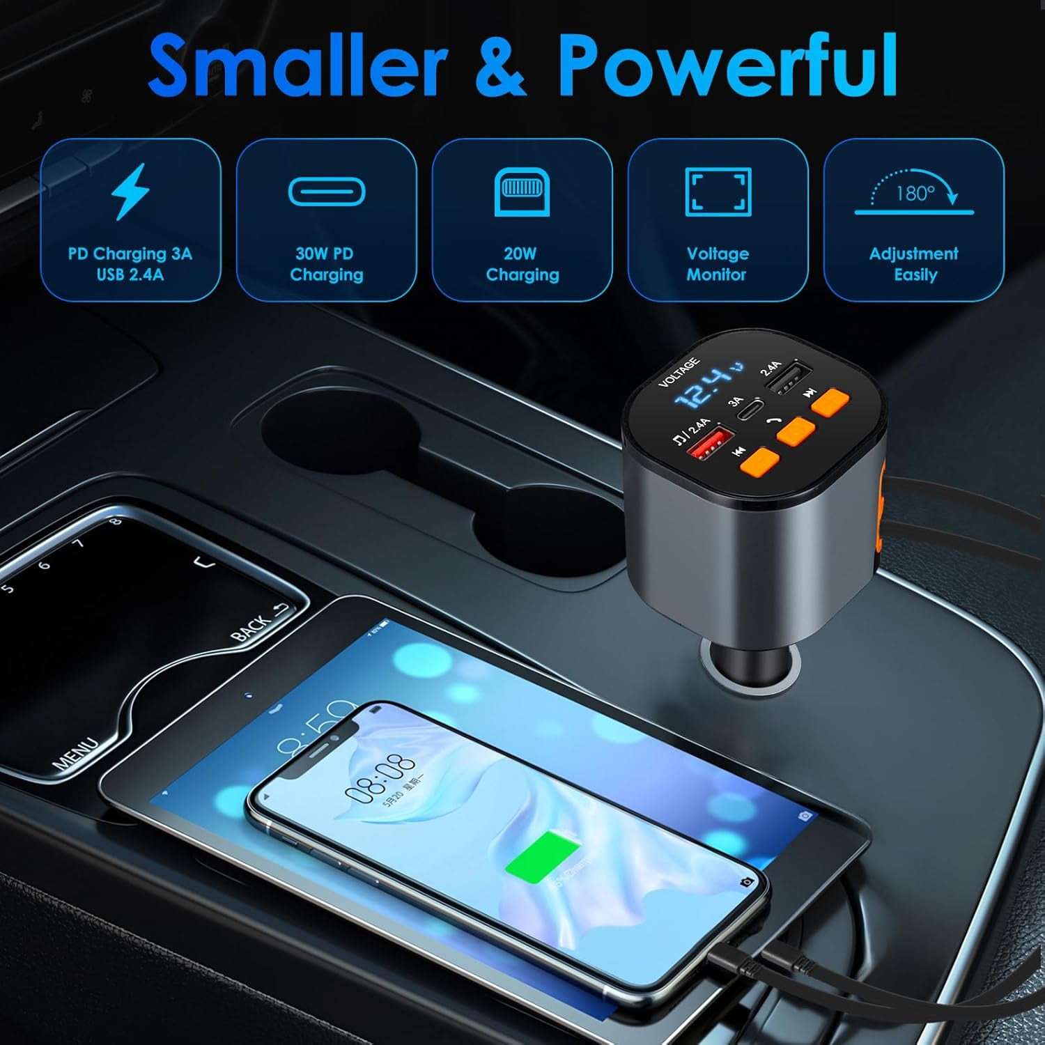 Retractable Car Charger with Bluetooth 5.0 FM Transmitter Adapter, 90W Fast Charging Dual Retractable Cords, Handsfree Call Car Charger for iPhone 16/15/14/13, MP3 Player Support USB Disk
