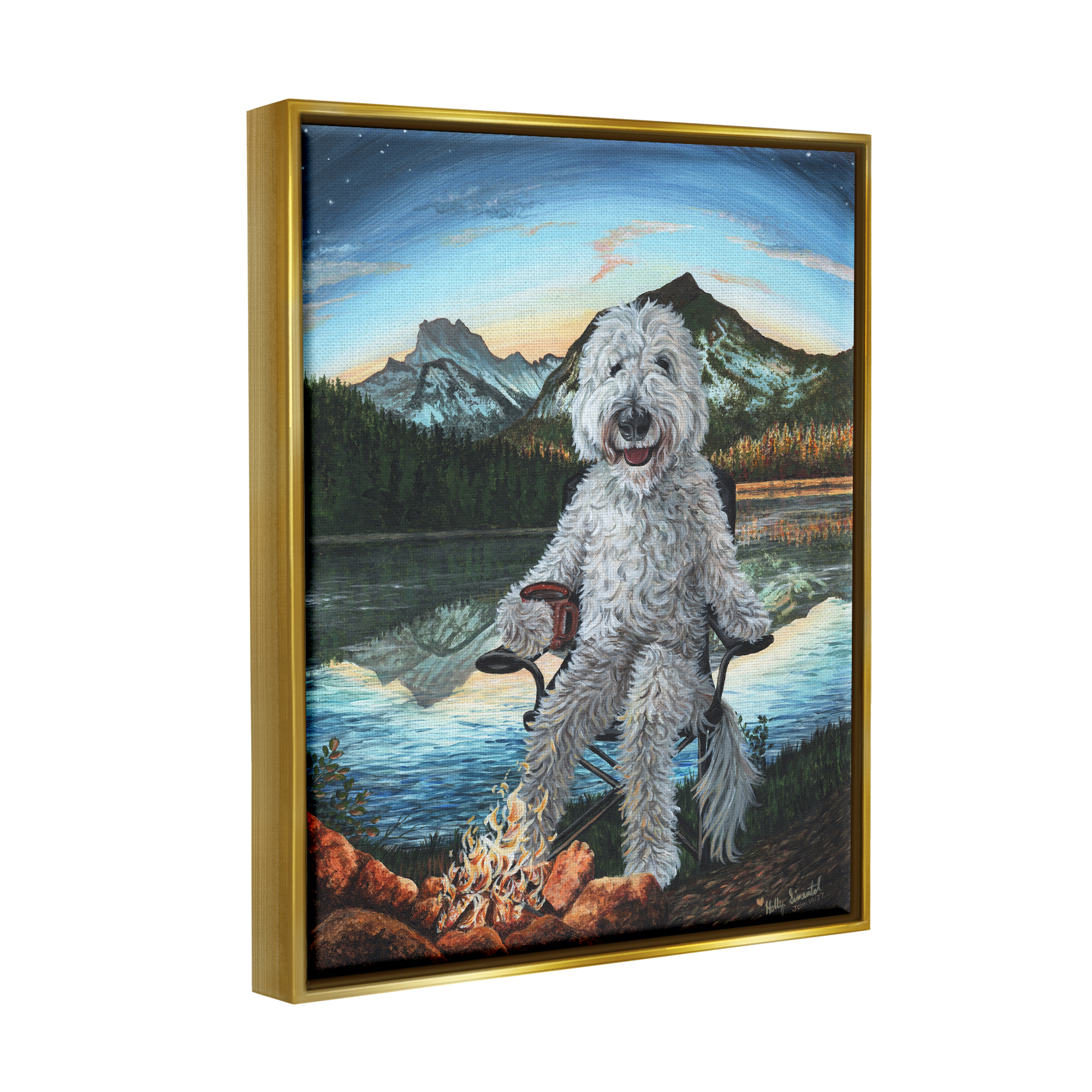 Stupell Industries Dog by Campfire Landscape Nature Painting Gold Floater Framed Art Print Wall Art, 17 x 21