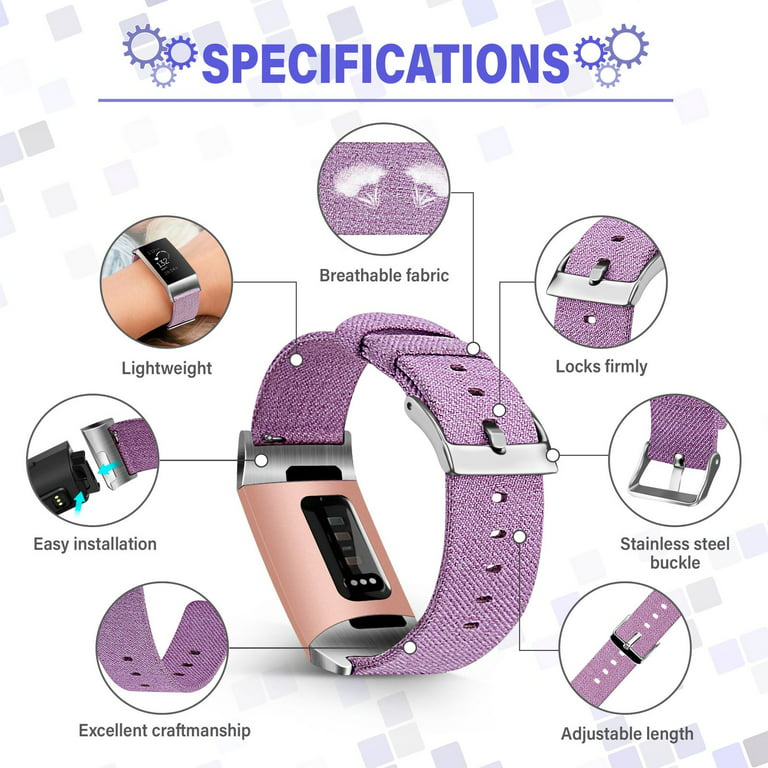 Insten Fabric Watch Band Compatible Bands Women, Replacement SE, 3, Fitness Tracker Fitbit Charge 3 and SE, for Men Charge Charge 4 and Charge Lavender with 4