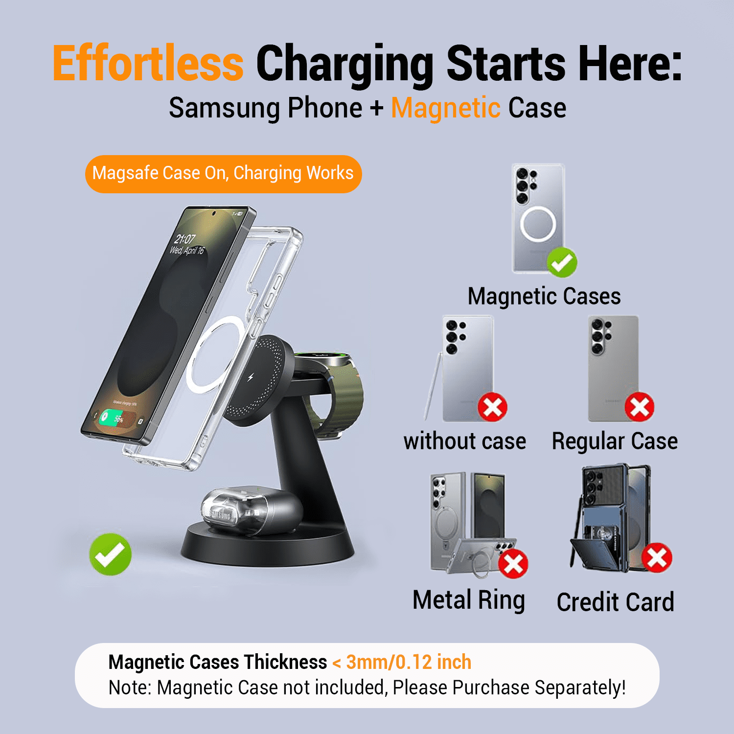 Geyo Magnetic Wireless Charger for Samsung, 3 in 1 Wireless Charger Station for Galaxy S26 Ultra/S25, Watch 8/7/6, Buds, Black (Adapter Not Included)