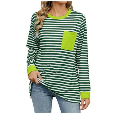 hotojiny Womens Oversized Sweatshirt Long Sleeve Crew Neck Tunic Tops Striped Casual Pullover Shirts with Pocket