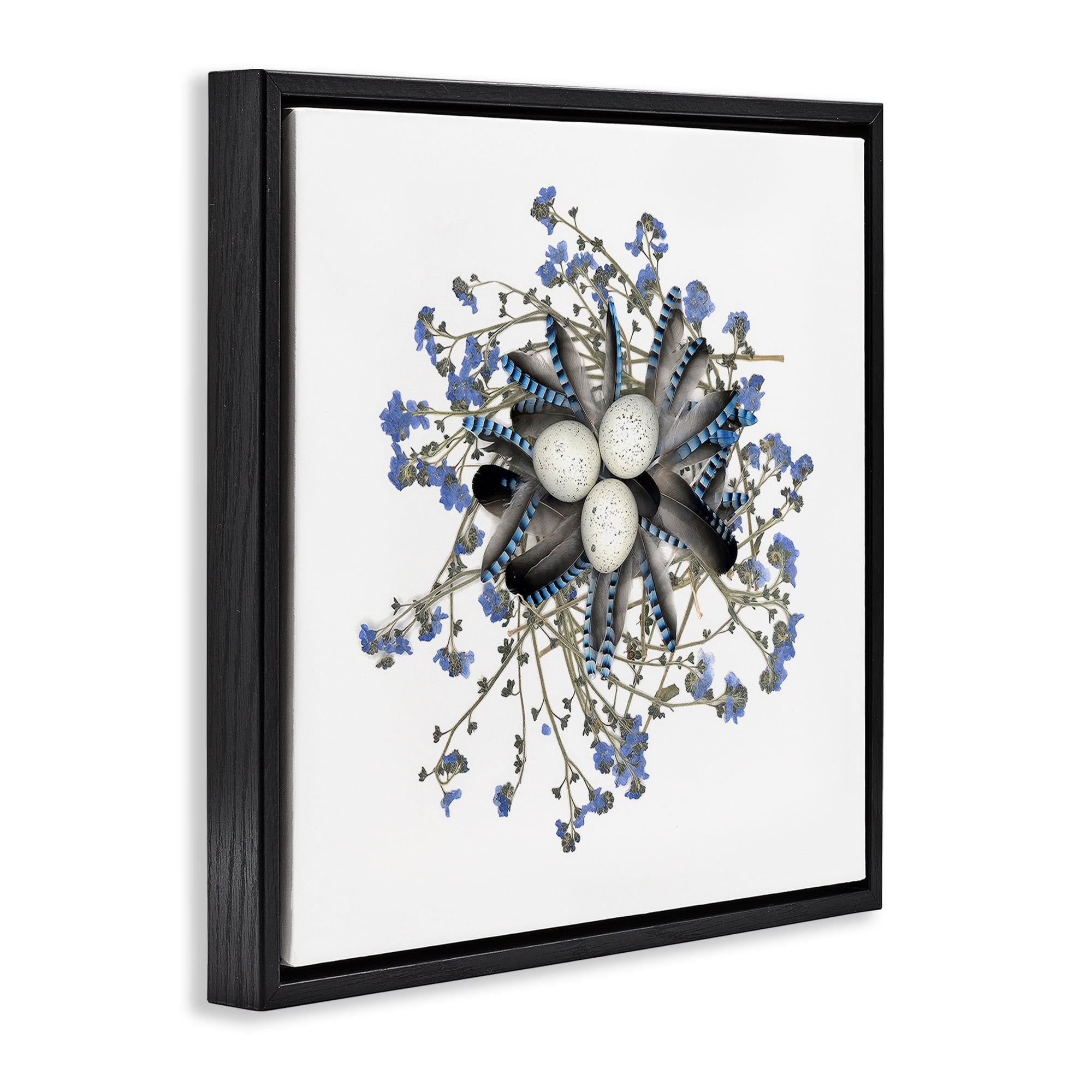 Stupell Industries Feathered Nest & Blue Florals Black Framed Floater Canvas Wall Art, design by Beth Adoette
