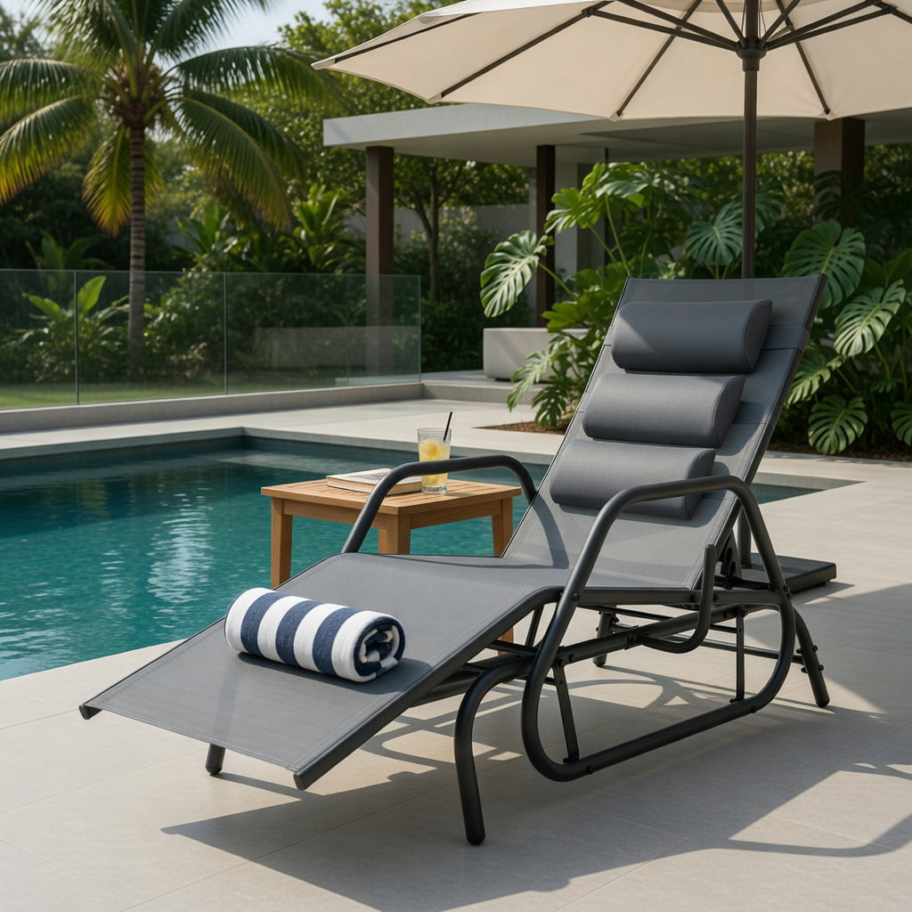 Hommoo Outdoor Chaise Lounge Glider Chair with Adjustable Backrest, Removable Pillow & Quiet Gliding Arms, Fabric & Metal Design, Gray