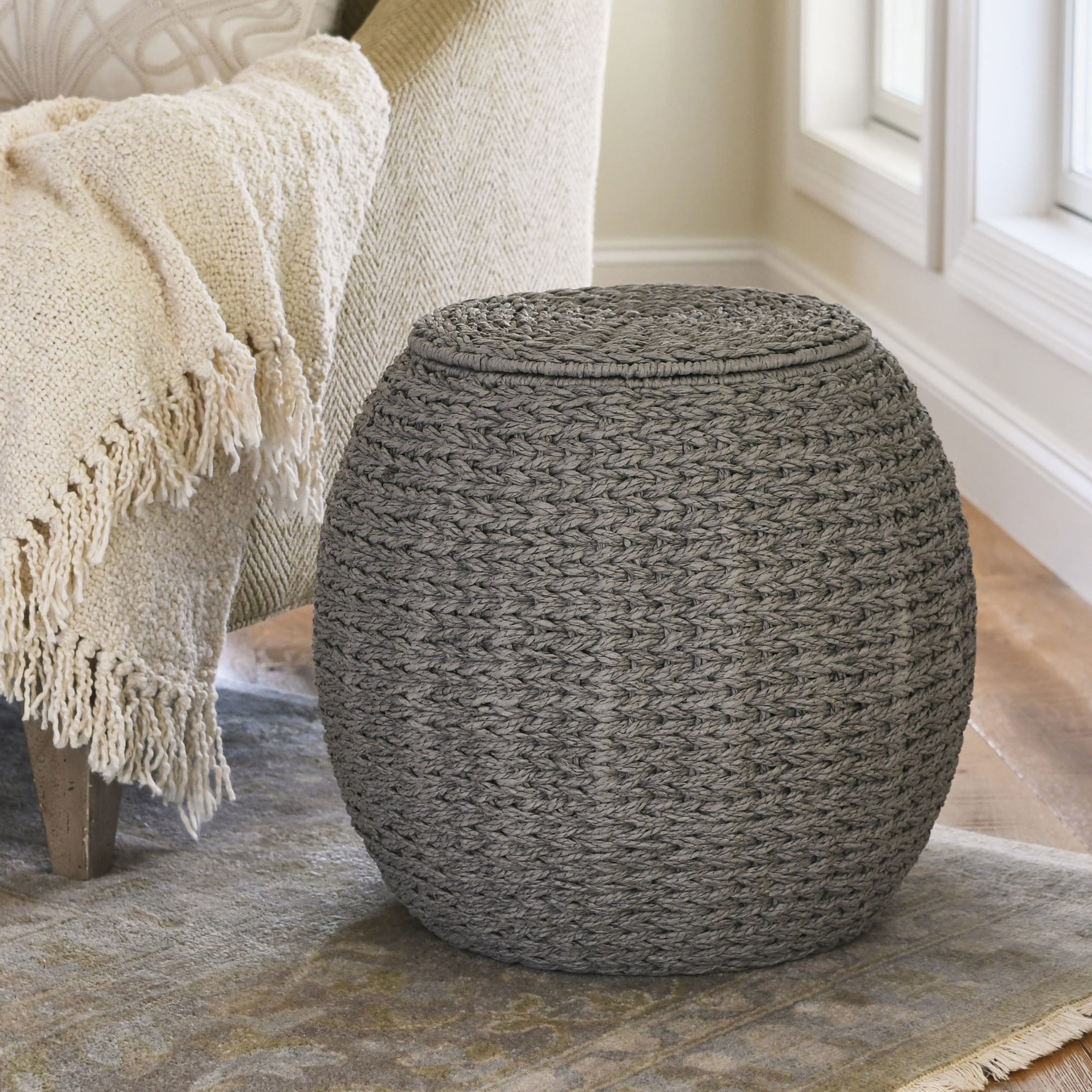 Household Essentials Handwoven Paper Rope Barrel Wicker Storage Basket Side Table, Gray