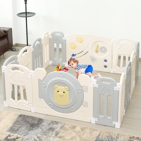 Foldable Kids Activity Play Yard with Lockable Gate & Customizable Game Panel, 14-Panel Safe Baby Play Fence for Indoor and Outdoor Use, Gray White