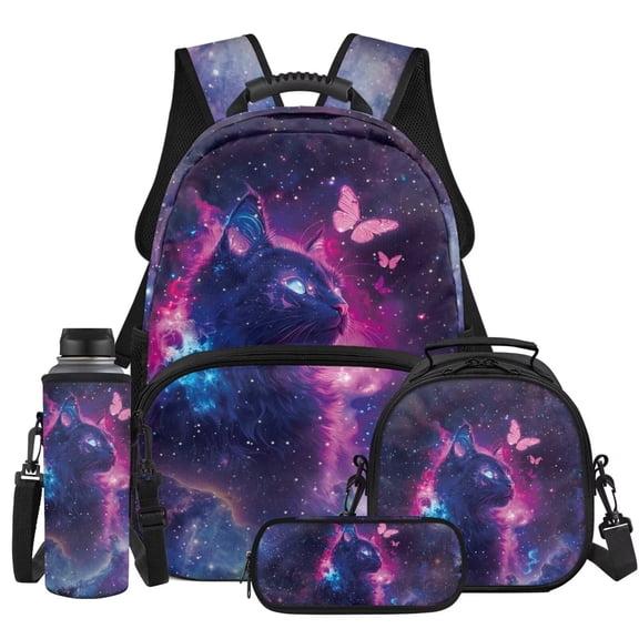 KUIFORTI Butterfly Cat 4PCS Backpack Set for Kids with Lunch Bag Pencil Pouch Water Bottle Sleeve for Elementary Middle School Student School Supplies