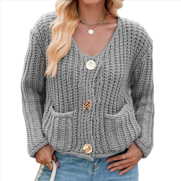 Cárdigan Corto de Punto de Larga para Mujer 2025, Suéter Informal de Crochet con Botones y Bolsillos Gris L
