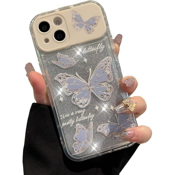 Cute Cartoon Phone 13 Case with Makeup Mirror, Butterfly Sparkly Bling Shiny Design, Soft TPU Shockproof Cover with Camera Protection for Women Girl for iPhone 13 6.1"