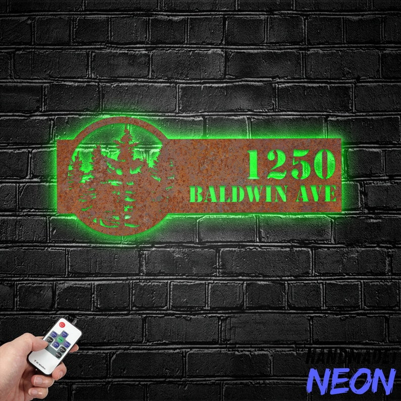 Handmadetneonsign Pine Tree House Number Metal Rusty, Forest Home Number Rusty, House Address Wall Decor 043968