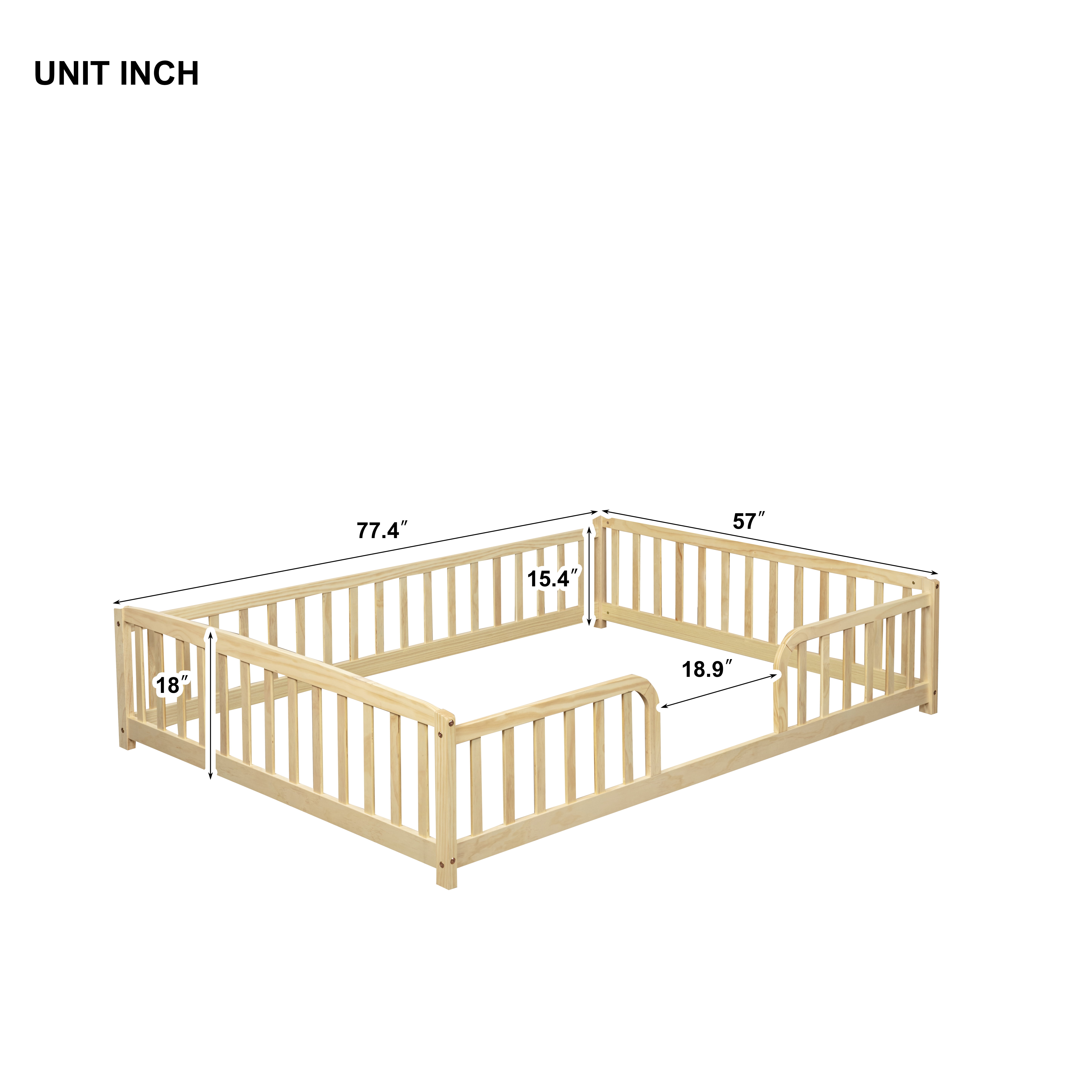 Full Size Natural Pine Wood Floor Bed with Guardrails, Kids Floor Fence Bed with Central Entrance, Rounded Corners, 300 lbs Load, No Box Spring Needed