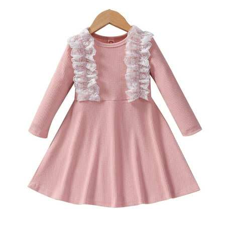 

Chenyin Kids Baby Girls Dress Lace Splicing Floral Party Princess Dress Spring Autumn Long Sleeve Fake Two-Piece Skirt Sundress 2-6 Years