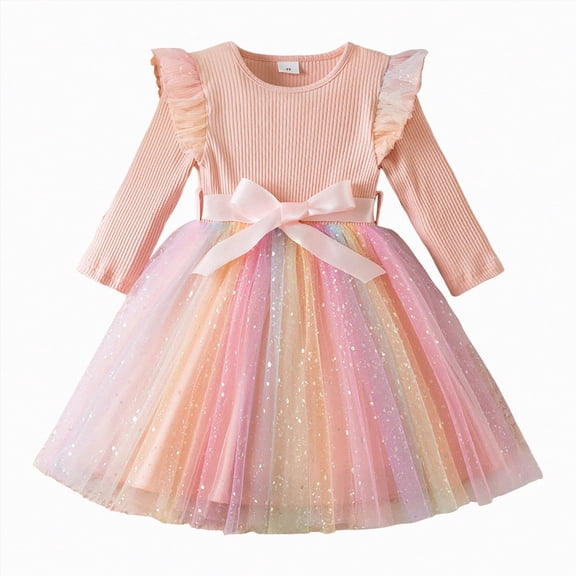 Linfrsh Toddler Girls Tutu Dress Tulle Puff Long Sleeve Wedding Birthday Party Fall Toddlers Dresses(Pink,4-5 Years)