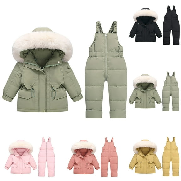 Jinhomg Unisex Baby Winter Snowsuit 2 Piece Toddler Warm Suits 2025 Trendy Windproof Faux Fur Trim Hooded Puffer Coat with Snow Bib Pants Sets Summer Saving Black 18 Months