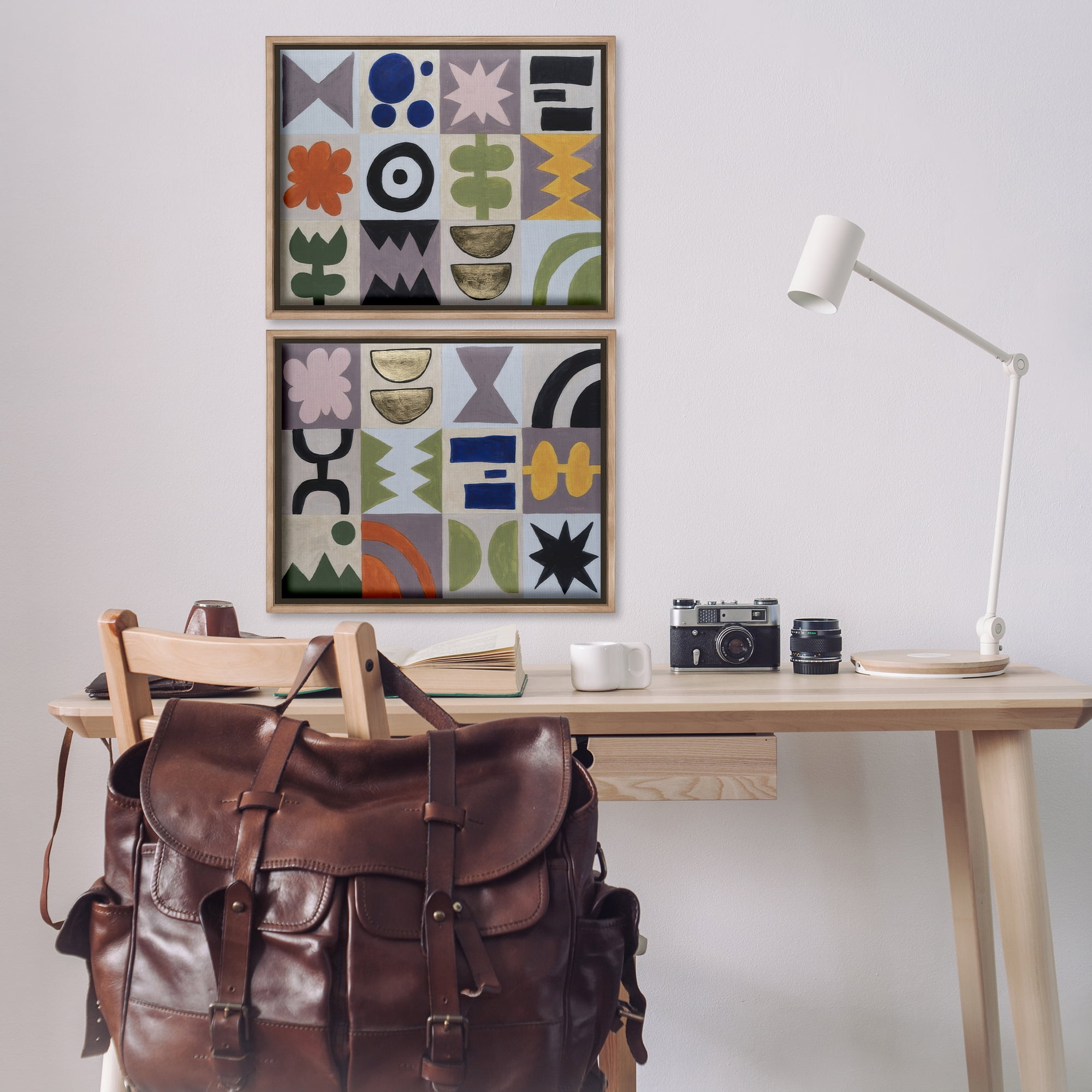 Stupell Industries Bohemian Shapes Squares Abstract Painting Brown Floater Framed Canvas Art Print Wall Art, 21 x 17, Set of 2
