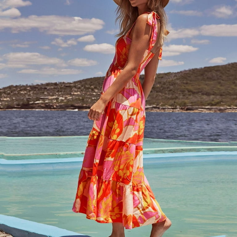 Beach Long Ruffle Maxi Line Dress Boho Floral Summer Women s A Neck Women s Dress Walmart