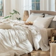 thumbnail image 6 of MooMee Striped Duvet Cover Set Cal-King 100% Washed Cotton Linen Like Textured Breathable 3-Piece (Almond Milk Grey& White Classic Stripes), 6 of 8