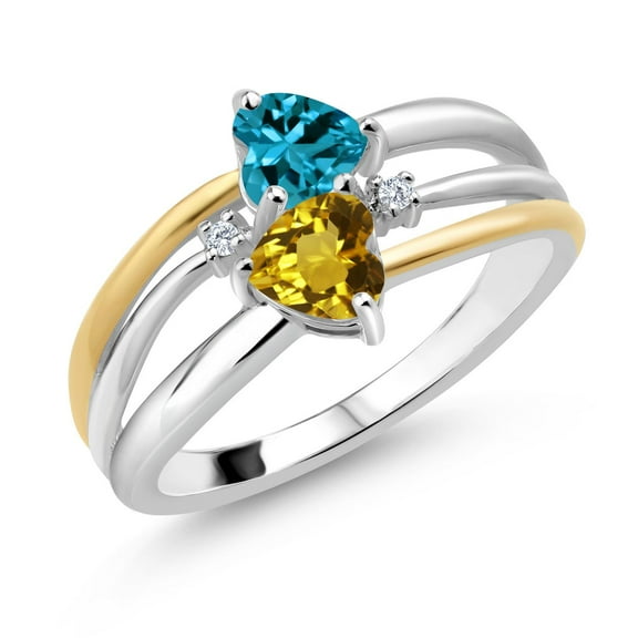 Gem Stone King 925 Silver and 10K Yellow Gold London Blue Topaz and Yellow Citrine and White Lab Grown Diamond Band Ring for Women (1.03 Cttw, Gemstone November Birthstone, Heart Shape 5MM, Size 8)