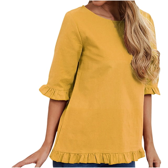 Summer Tops for Women 2022 Round Neck Short Solid Color Short Sleeve Tunic Shirt Ruffle Casual Ladies Blouses Tee