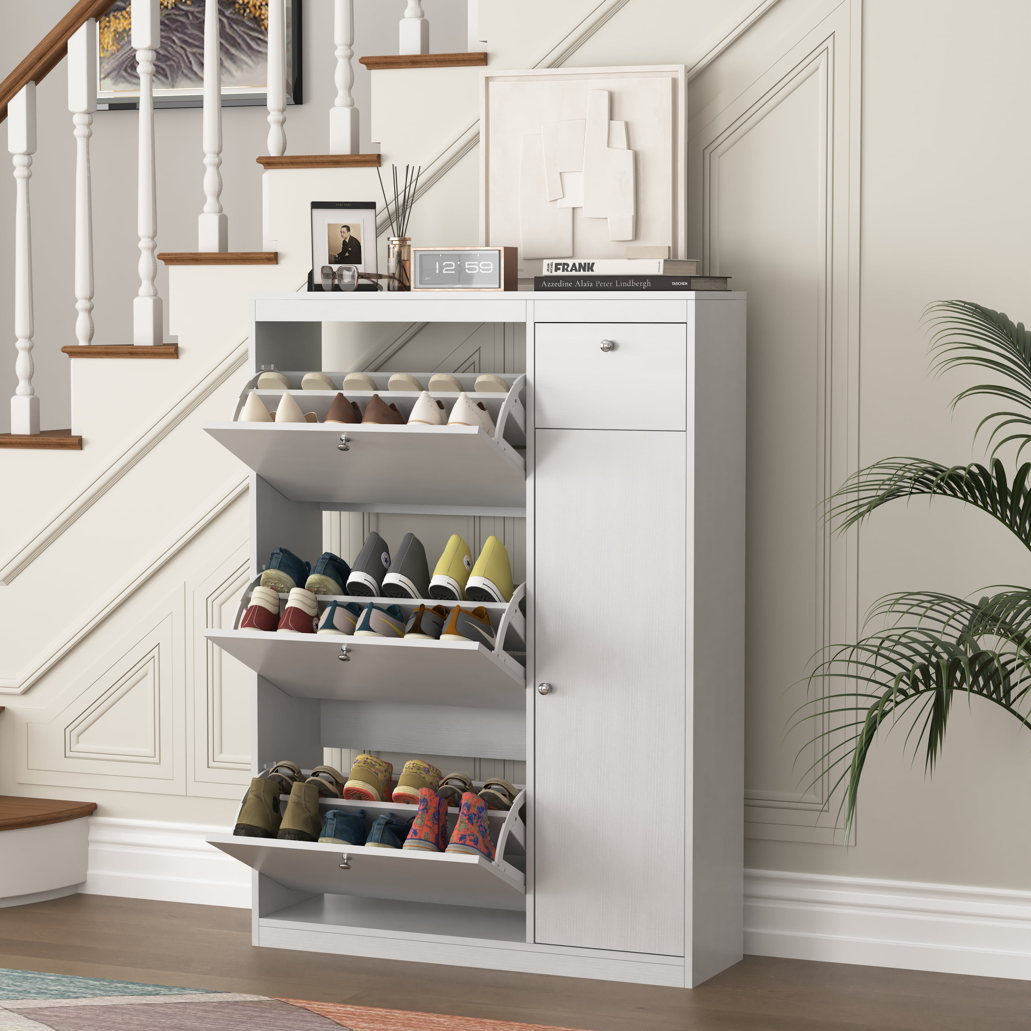 MAYEERTY Slim Shoe Cabinet, 3 Flip Drawers, Adjustable Storage, Narrow Entryway Shoe Rack, White