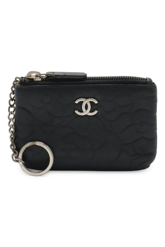 Pre-Owned CHANEL Camellia Coco Mark Coin Case Wallet Purse Lambskin Leather Black (Good)
