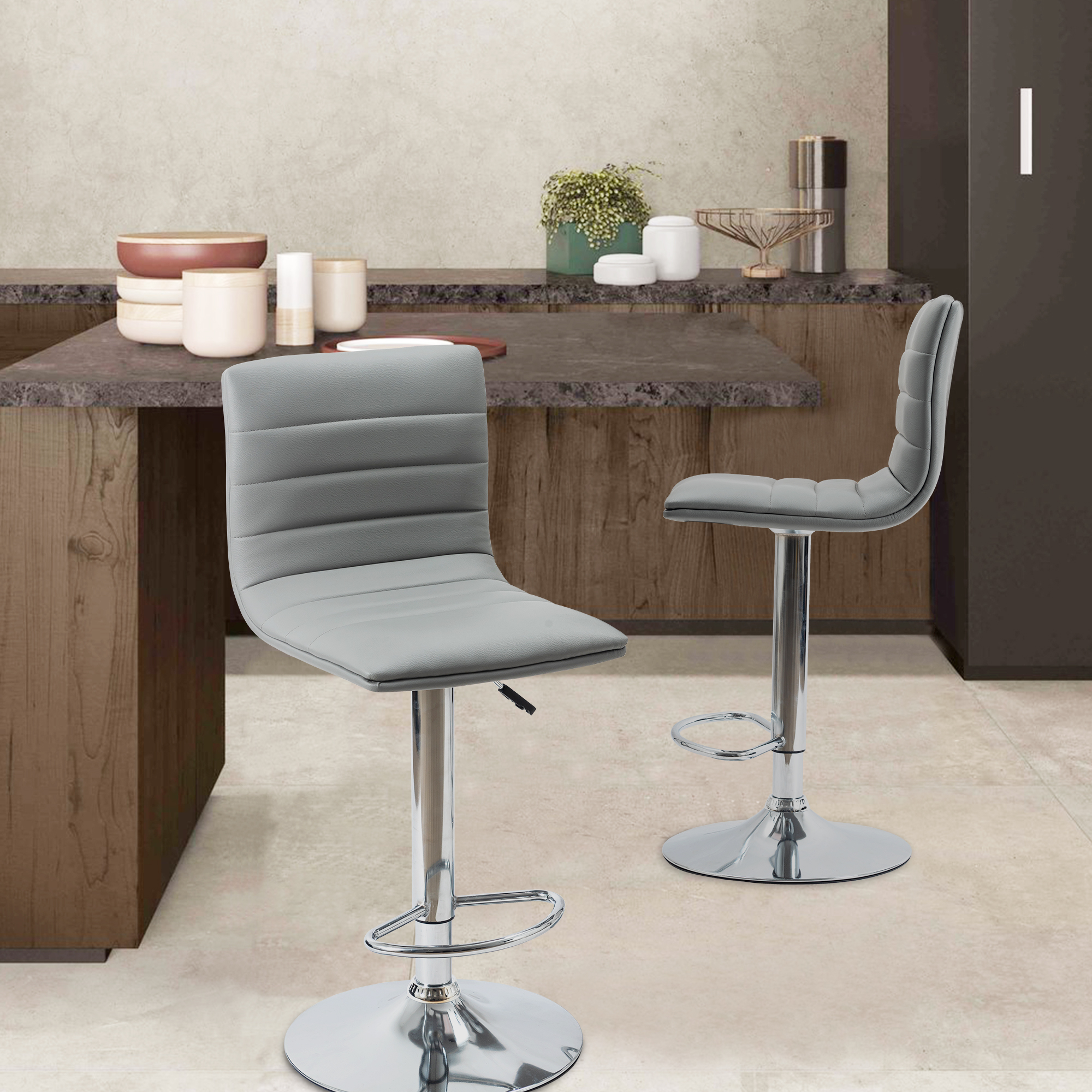 Set of 2 Bar Chairs Height Adjustable Counter Bar Stools with Cushion Grey