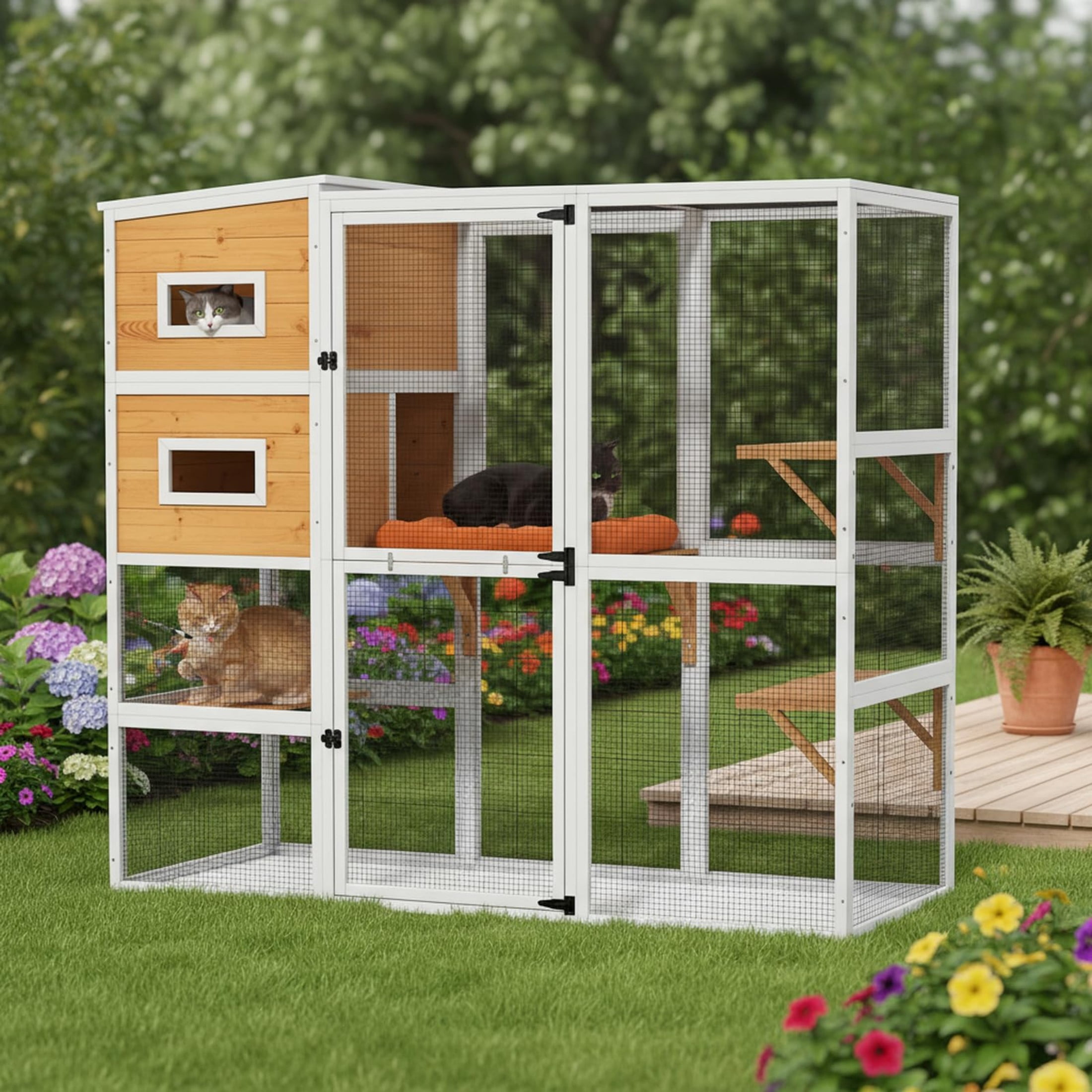 Large Catio Outdoor Cat Enclosure Window, 4 Tier Indoor House for Cats with Waterroof Roof, 3 Resting Rooms, 3 Platforms,Outdoor Catio Patio with Balcony, Connect to Window with 2 Large Door