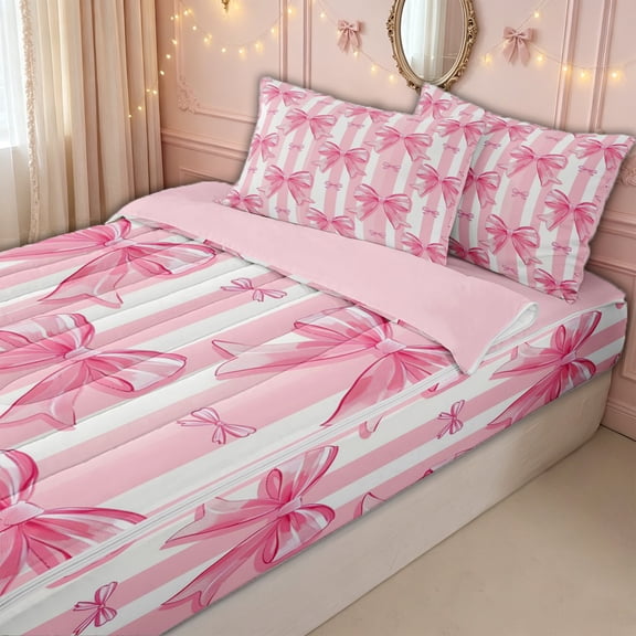meiyoeat Watercolor Bow Stripe Zipper Twin Comforter Sets with Fitted Sheet and 2 Pillowcases for Kids Girls, Girly Pink Ribbon Zipper Bedding Set, Pink ReversibleG