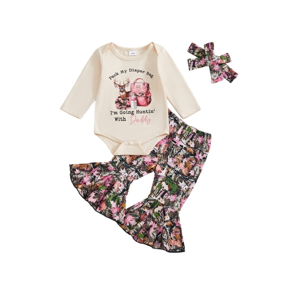 BemeyourBBs Girls Fall Outfit, Letters Deer Romper with Flare Pants and Headband