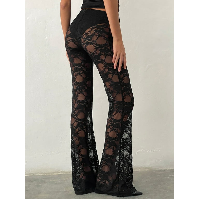 Black Sheer Lace High Waisted Flared Pants