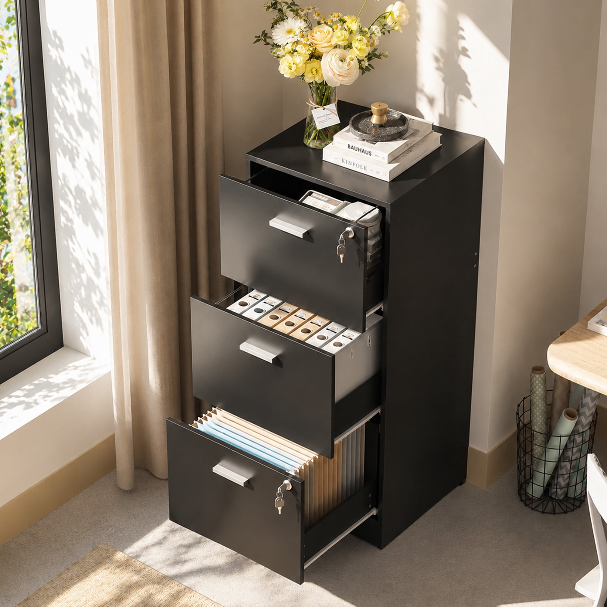 GALAXHERO 3 Drawers File Cabinets, Wood Vertical Filing Cabinet with Lock for Home Office, Letter/A4 Size, Black