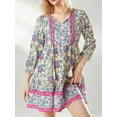 thumbnail image 2 of Sedceaty Women Summer Casual Mini Dress Floral Print 3/4 Lantern Sleeve V-Neck Button Placket Dress Beach Party Boho Dress, 2 of 9