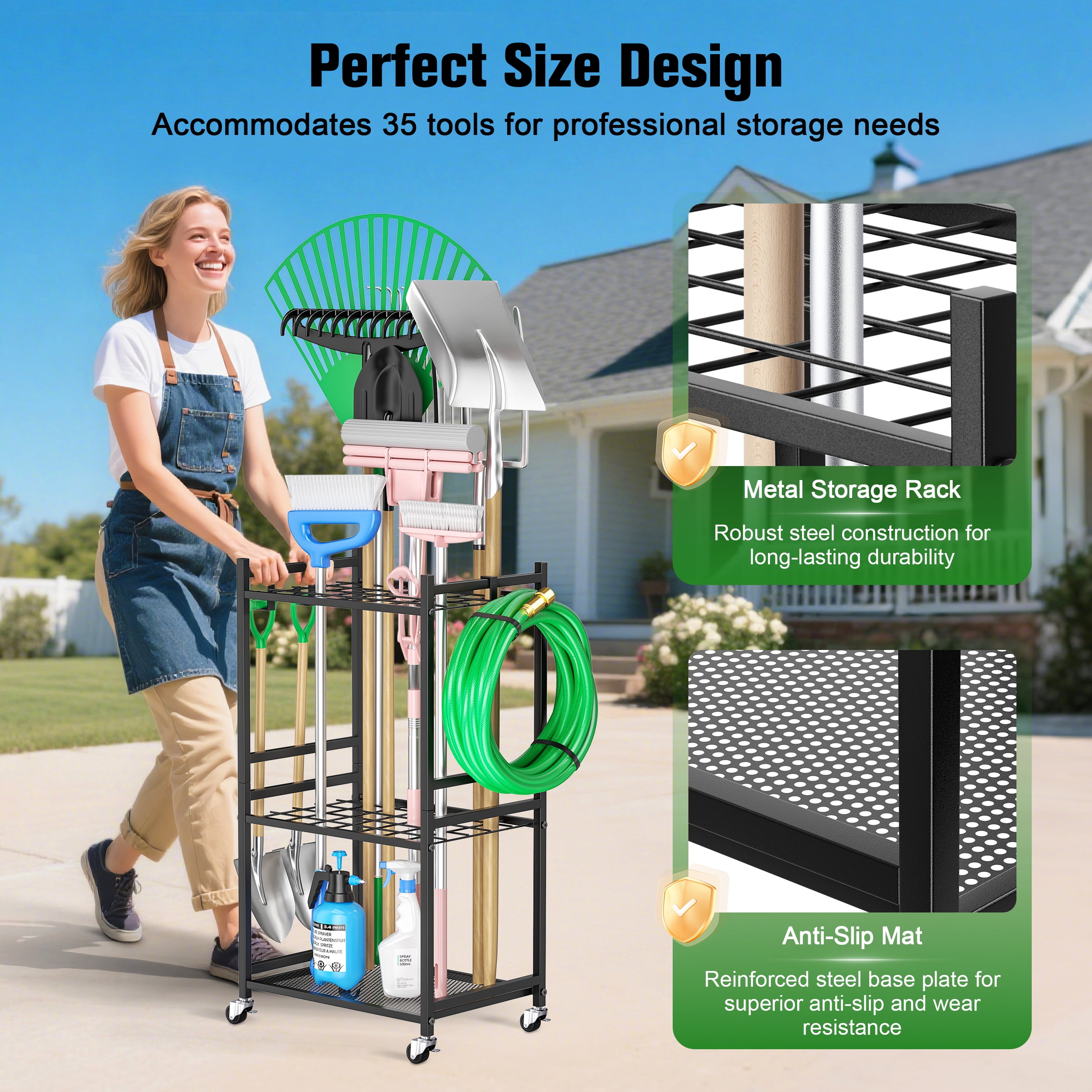 RELOIVE Garden Tool Organizer With Wheels, Yard Tower Rack for Garage Storage, Up to 35 Long-Handled Tools, Sturdy Metal Steel Holder With 3 Hooks, Outdoor, Black
