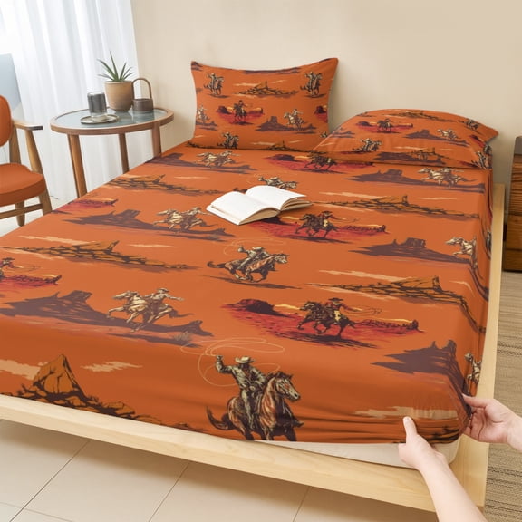 Cal.King Size Fitted Sheet Set - Orange Western Cowboys 3 Piece Bedding Sets 16" Deep Pocket Fitted Sheet with 2 Pillowcases, Vintage Country Horse Mountain Brushed Microfiber Hotel Luxury Bed Sheets