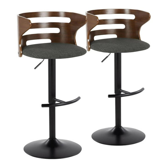 LumiSource Black Metal, Walnut Wood, Charcoal Fabric Cosi Adjustable Barstool - Set of 2