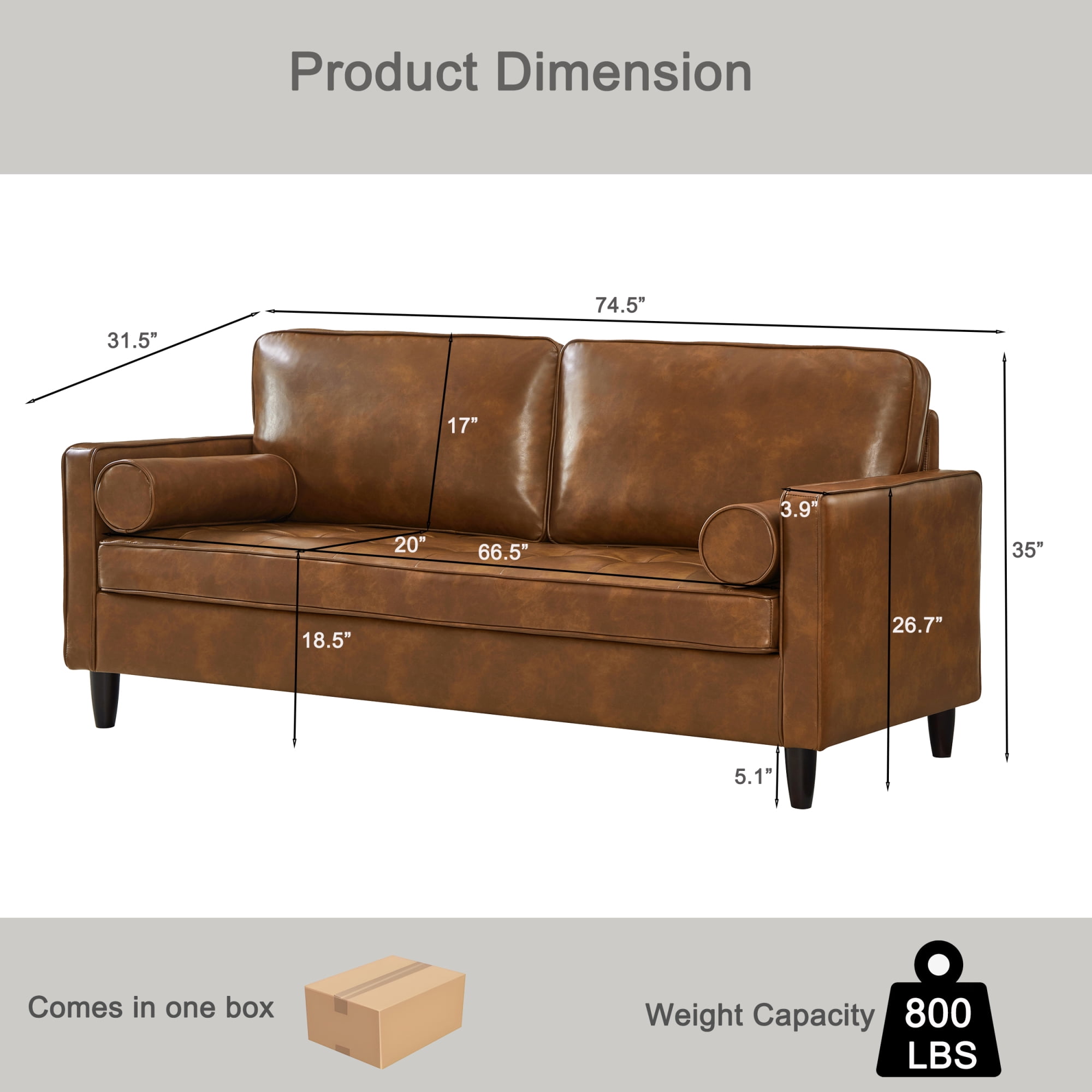 Leumius 74.5"W 3-Seater Sofa Loveseat Sofa Faux Leather Breathable Upholstered Sofa Couch with Solid Wood Legs for Living Room, Apartment & Office,Brown