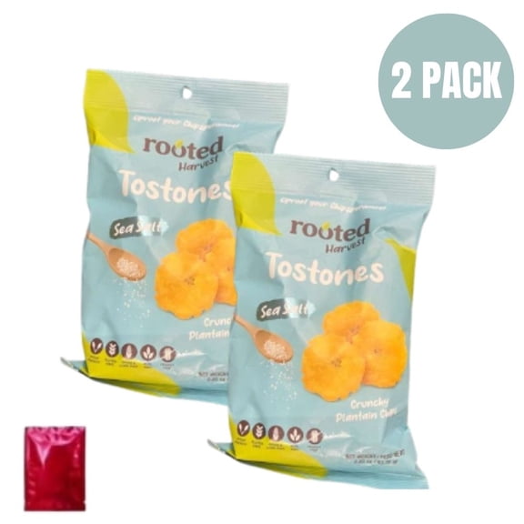 Rooted Harvest Tostones Sea Salt Crunchy Plantain Chips, 2.25 oz 2 Pack, Vegan, Gluten Free, Non-GMO Plantain Snacks for Lunchbox, Picnic & On-the-Go   BONUS LaPrima Morceau Bonbon
