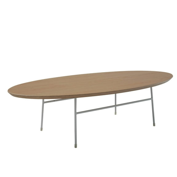 LeisureMod Rossmore Mid Century Modern Oval Coffee Table with White Powder Coated Steel Frame, MDF Wood with Ash Veneer Top Contemporary Accent Coffee Table for Living Room and Bedroom (Natural Wood)